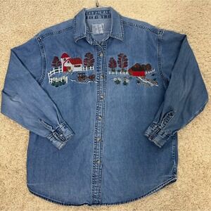 Vtg‎ Keren Hart Long Sleeve Denim Button Up Shirt Embroidered Apple Picking Sz M
